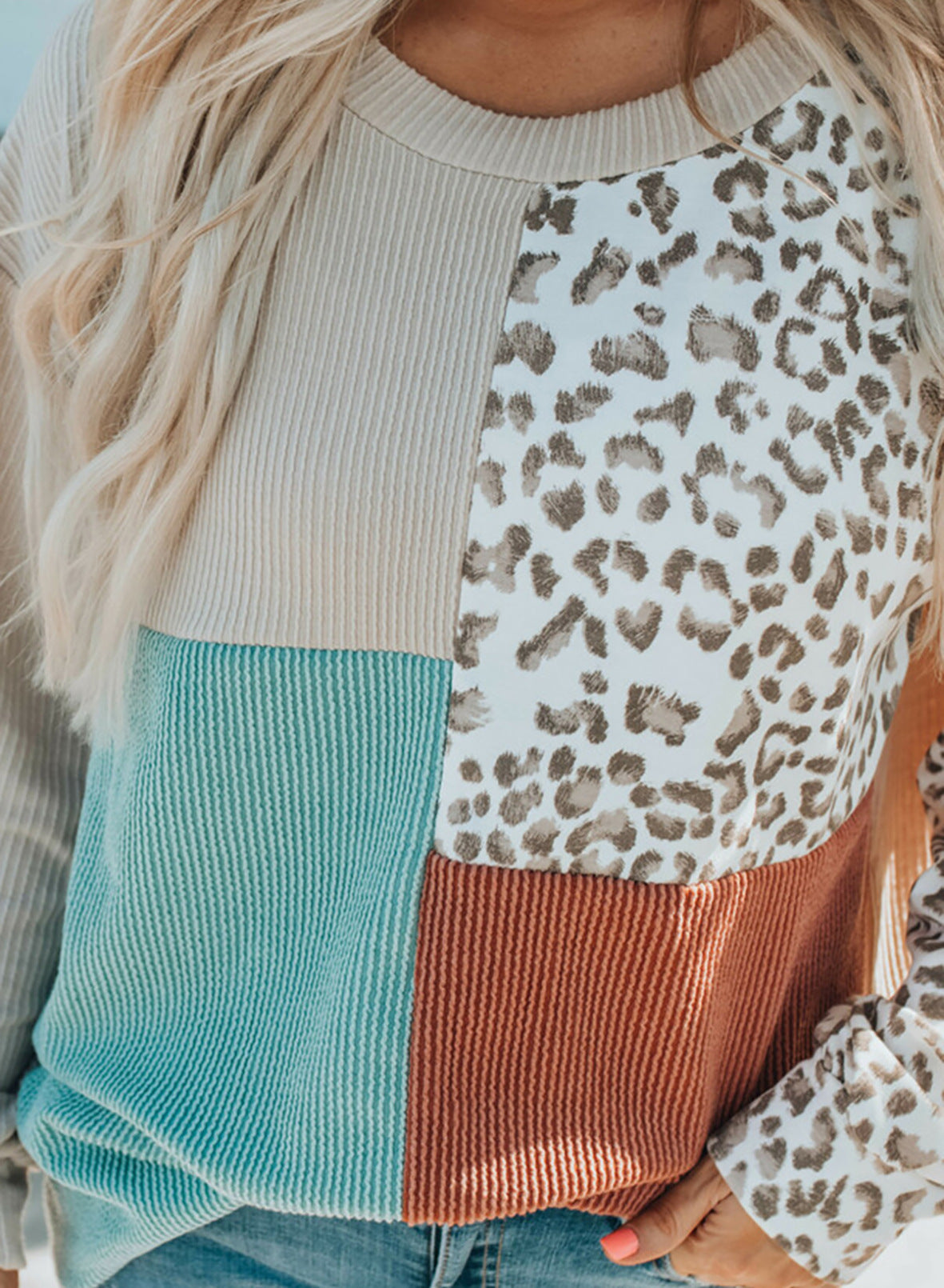 New Foreign Trade Contrast Color Top For Women Spring And Autumn New Leopard Print Round Neck Long Sleeve Sweater For Women