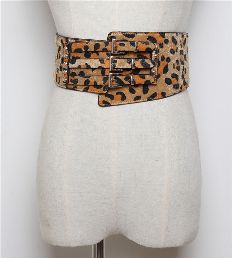 Fashion All-match Dreireiher Unregelmäßiger Leopard Print Belt Pferdehaar Gürtel mit Kleid Mieder