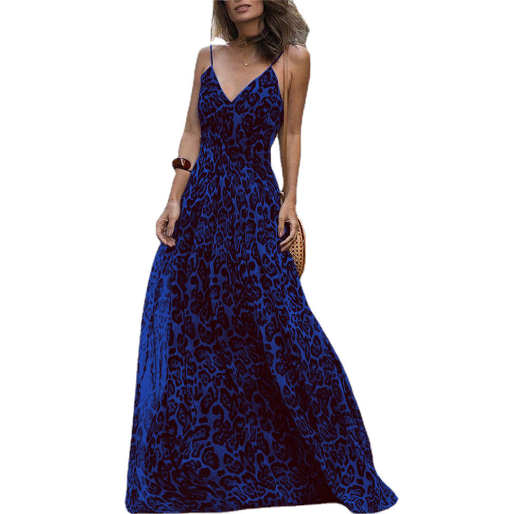New Style Women's European And American Fashion Leopard Print V-neck Backless Dress With Suspenders