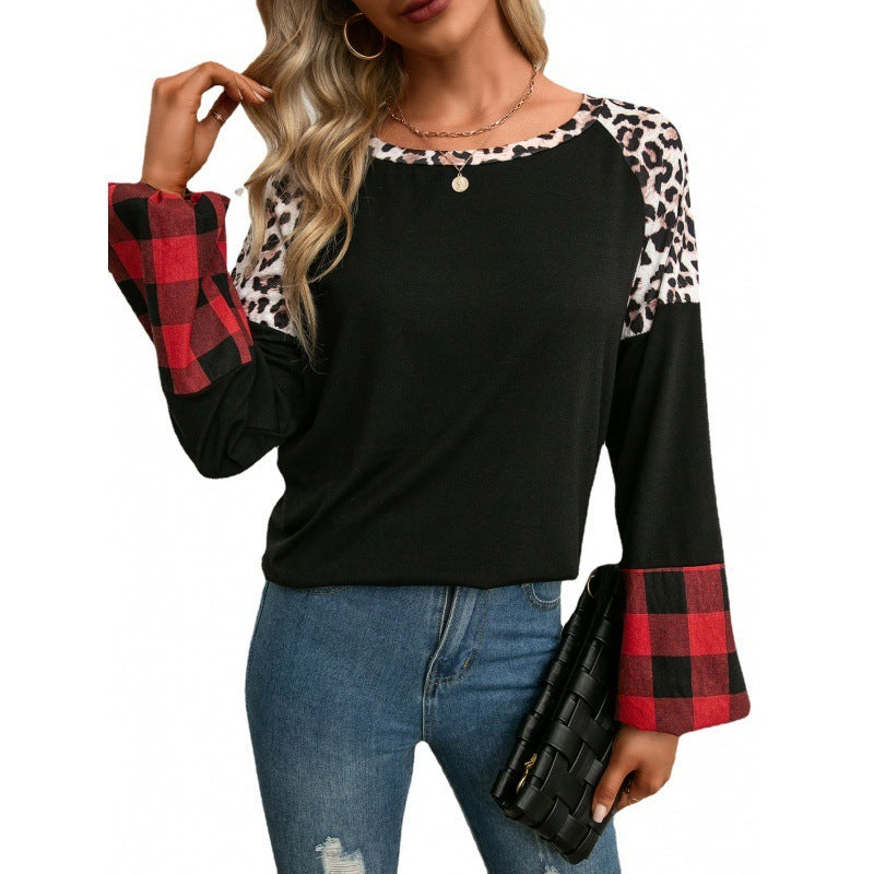 Lässiges Leopard Print Colorblock T-Shirt mit Rundhalsausschnitt und langen Ärmeln