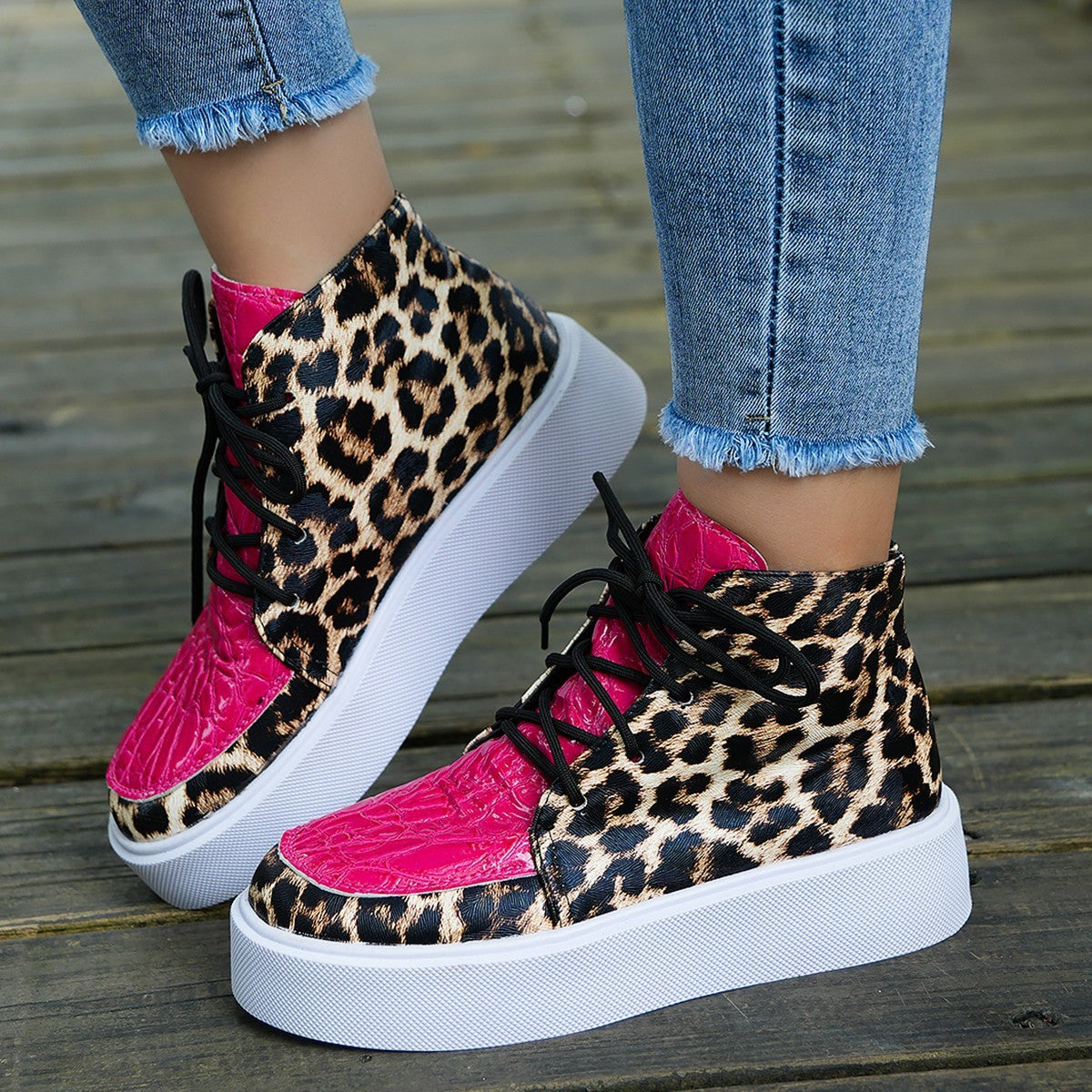 Herbst neue High-Top-Leoparden-Druck flach-Absatz-Plattform-Spitze Farbe Block Casual Frauen Schuhe