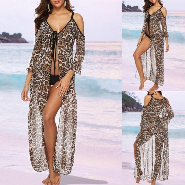 Leopard Print Strap Sun Protection Chiffon Shirt Strandkleid mit Strapsen
