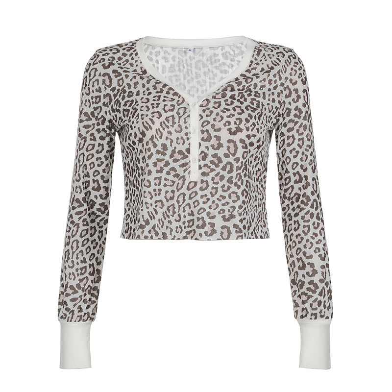European And American Style Leopard Print Loose-fitting V-neck Top