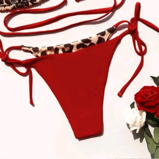 Damen Leopard Print Split Badeanzug Halter Lace-up Bikini Anzug