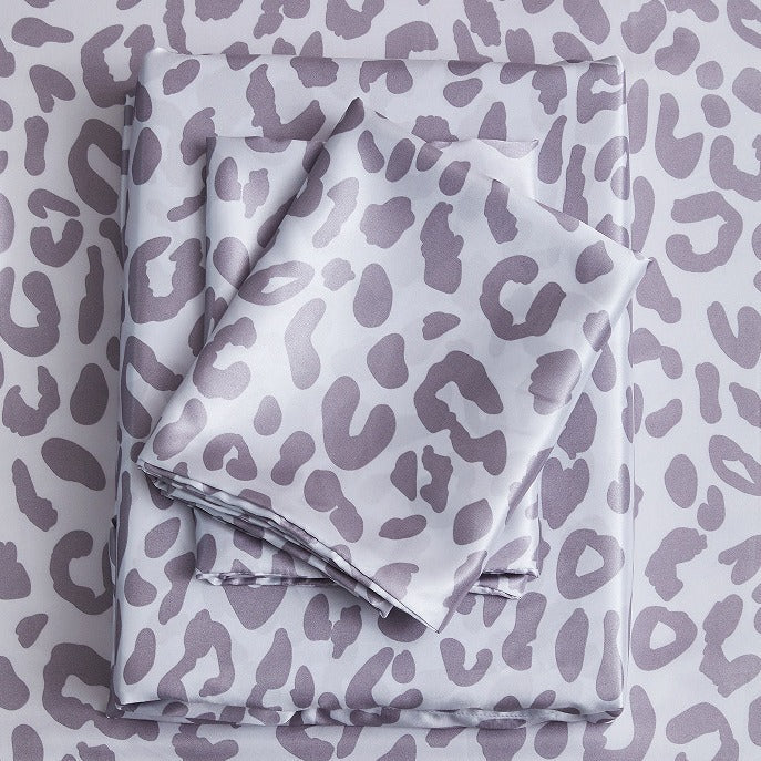 Satin Artificial Silk Printing Bed Sheet Fitted Sheet Pillowcase Digital Printing Silver Leopard Four-piece Set