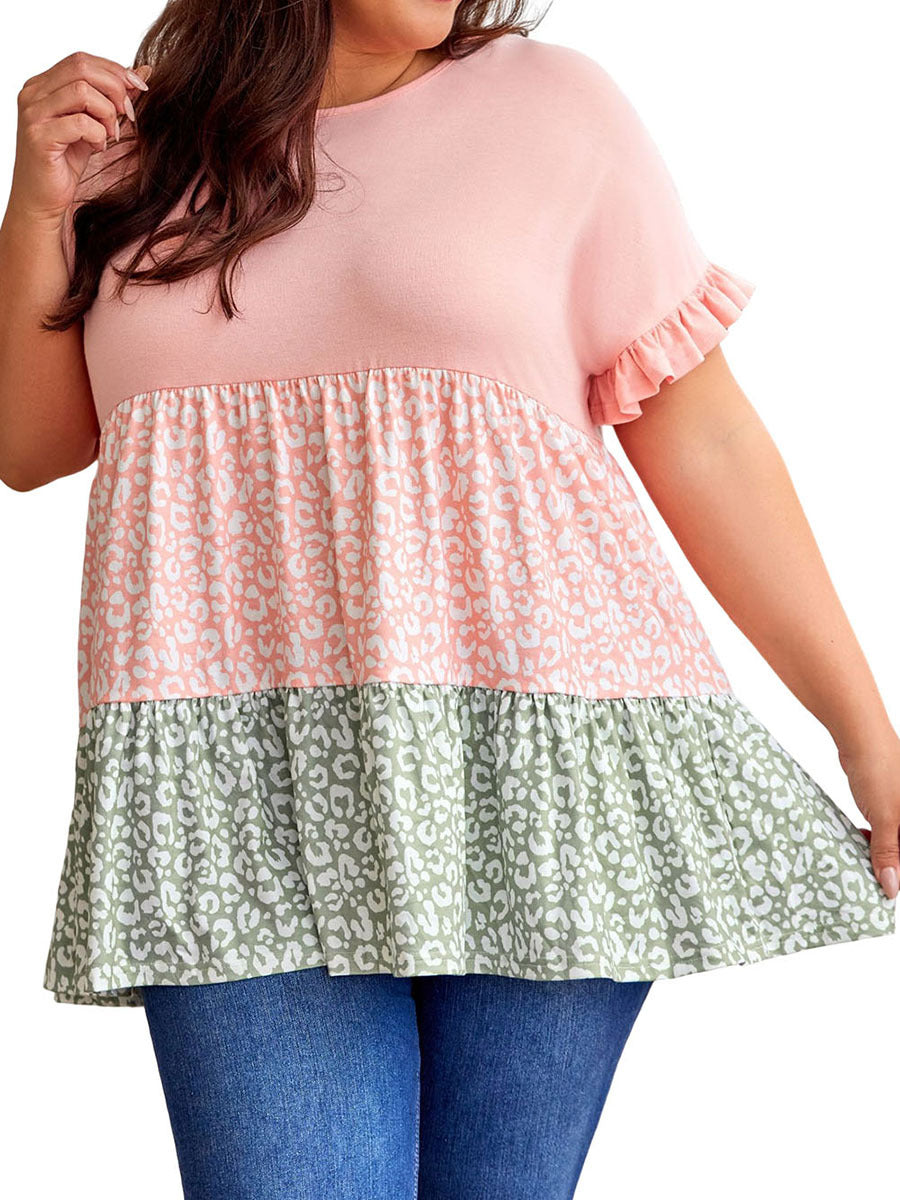 Personalized Leopard Print Pullover Ruffled Short Sleeves Plus size Women