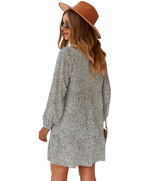 Autumn And Winter New Women's Dress Leopard Print Long Sleeve Sexy Loose A- Line Skirt