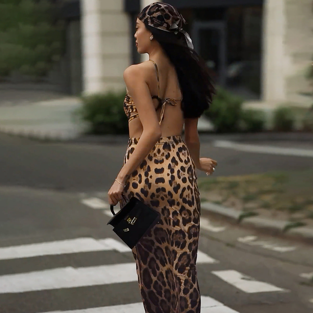 Damen Sommer Sexy Leopard Print Halter Rückenfreies Hüftkleid