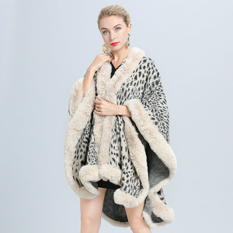 New Faux Fur Collar Leopard Print Jacquard Knitted Cardigan Shawl