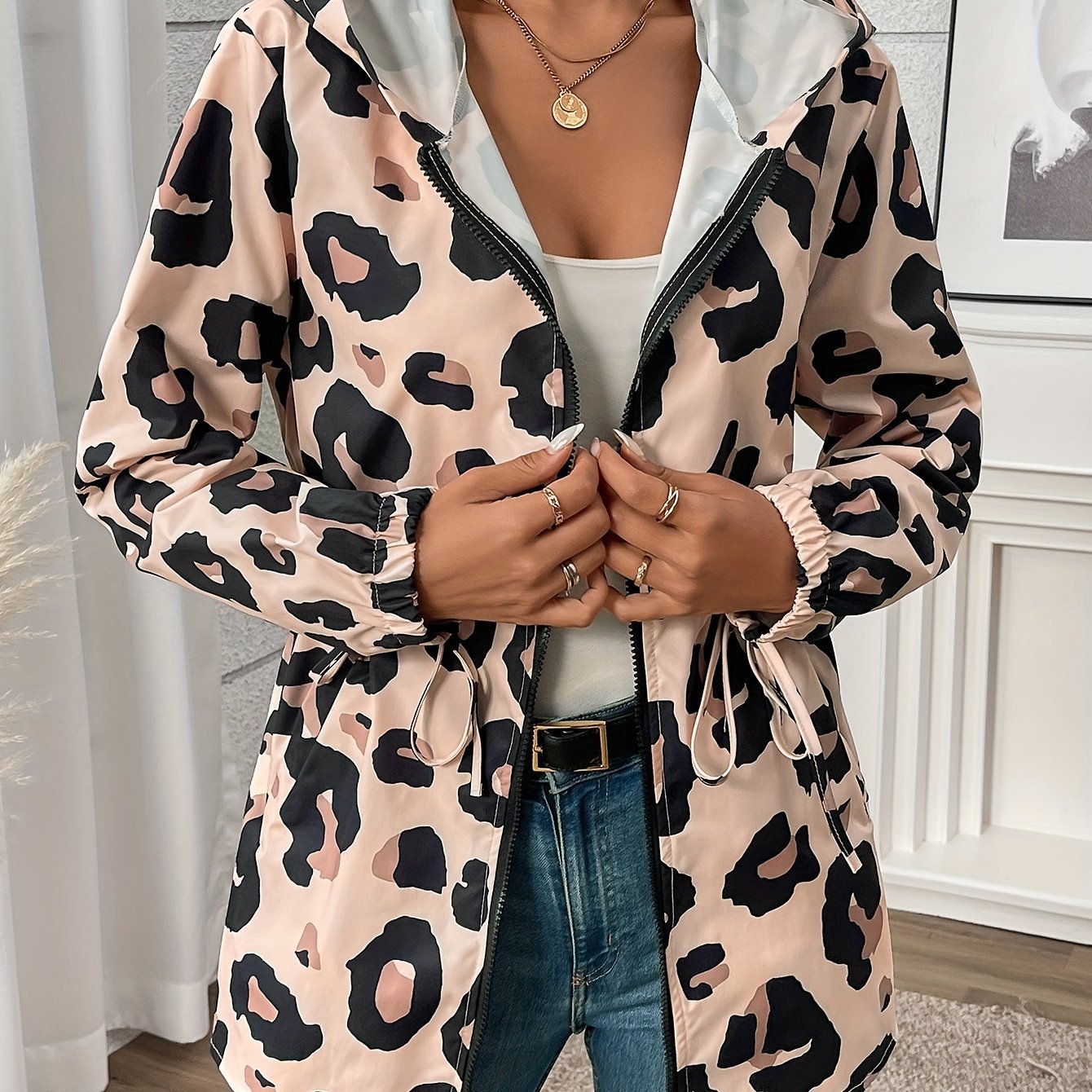 European And American Size Women's Casual Leopard Print Zipper Hooded Jacket Fashion Brand