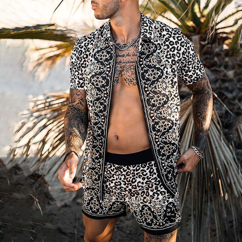 Herren Leopard Print Mode Kurzarm Shirt Strand
