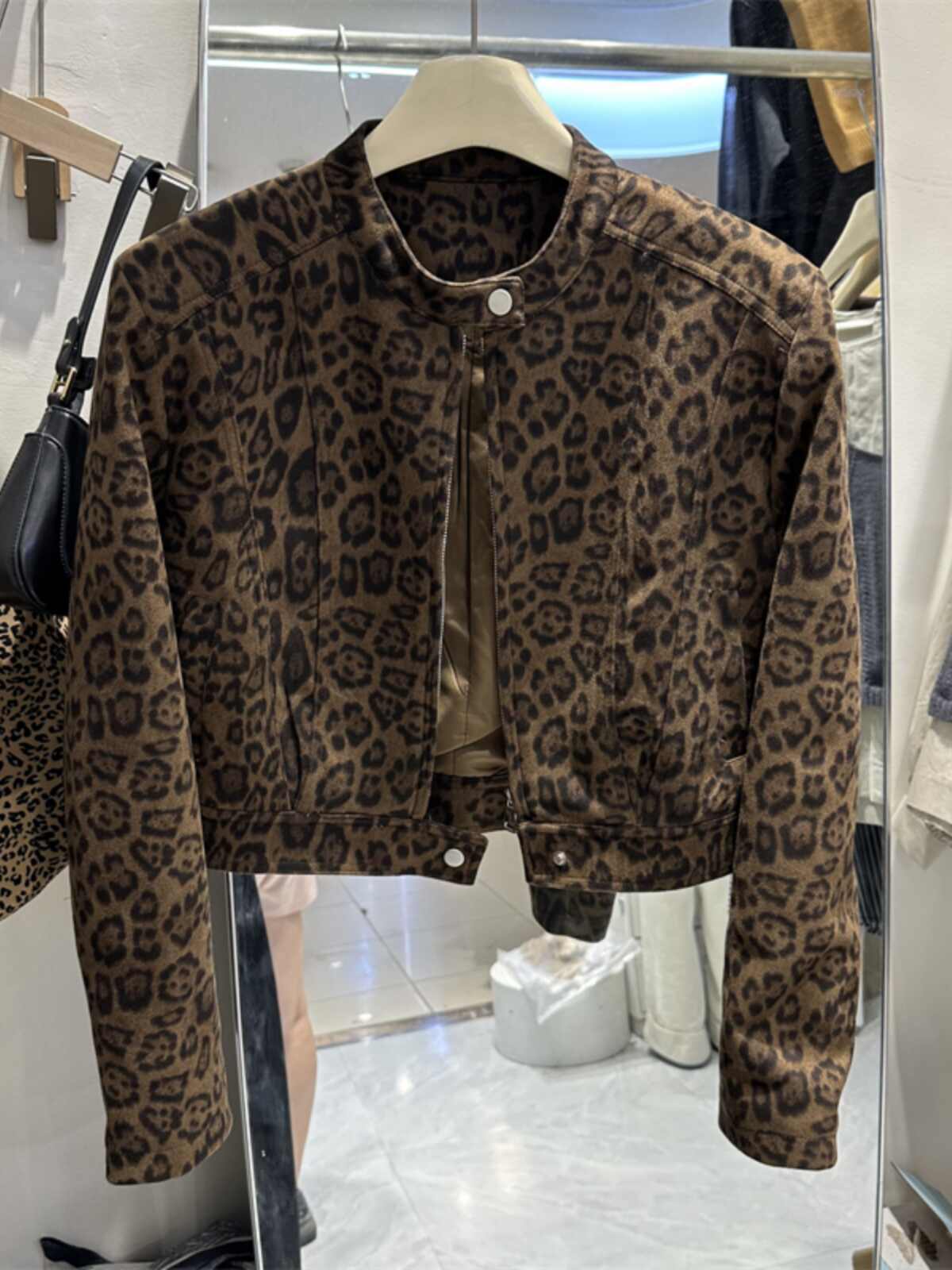 Slimming Long Sleeve Hong Kong Style Short Leopard Print Coat