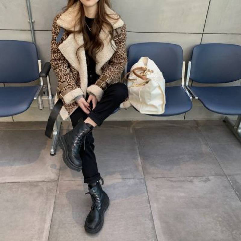 Leopard Print Coat Stitching Lamb Hair Lapel Thickened Long Sleeves
