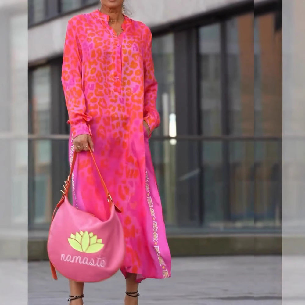 European And American Printed Long Sleeve V-neck Leopard Print Split Pocket Dress