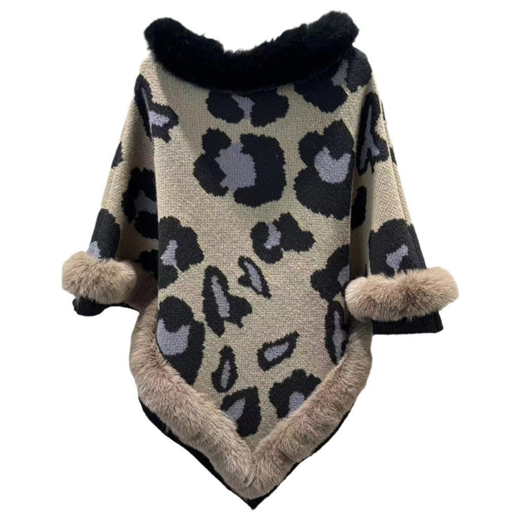 Leopard Print Plus Size Pullover Cloak Big Fur Collar Irregular Mid-length Cloak
