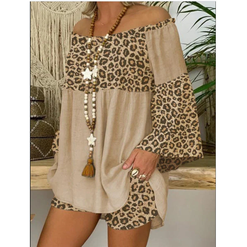 Damenmode Leopard Print Patchwork Lose Baumwolle Leinen Anzug