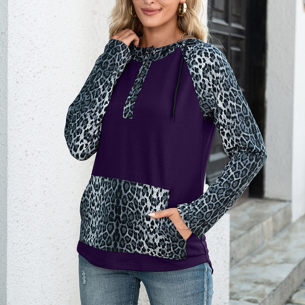 Leopard Print Patchwork Contrast Color Hooded Long Sleeve Sweater Top Women