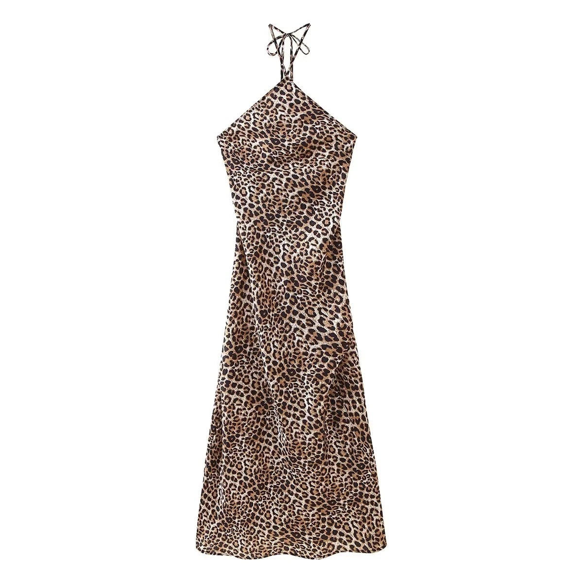 Damen Leopard Print Halter Seidensatin Kleid