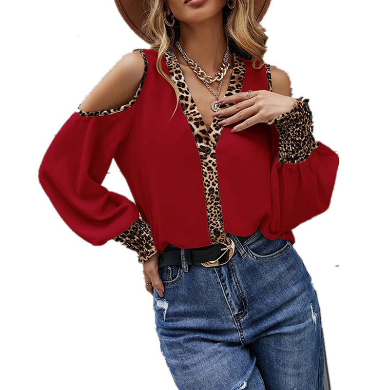 Neu Leopard Style Patchwork T-Shirt mit V-Ausschnitt und Knopfleiste