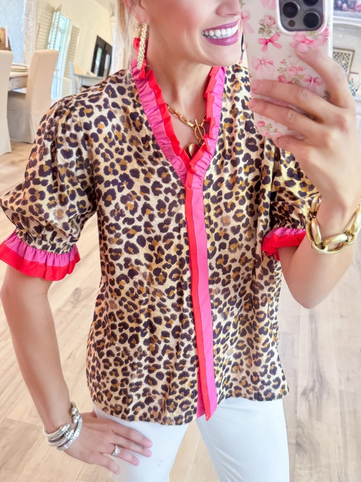 European And American Leisure Fashion Leopard Print Contrast Color Ruffled Short Sleeves