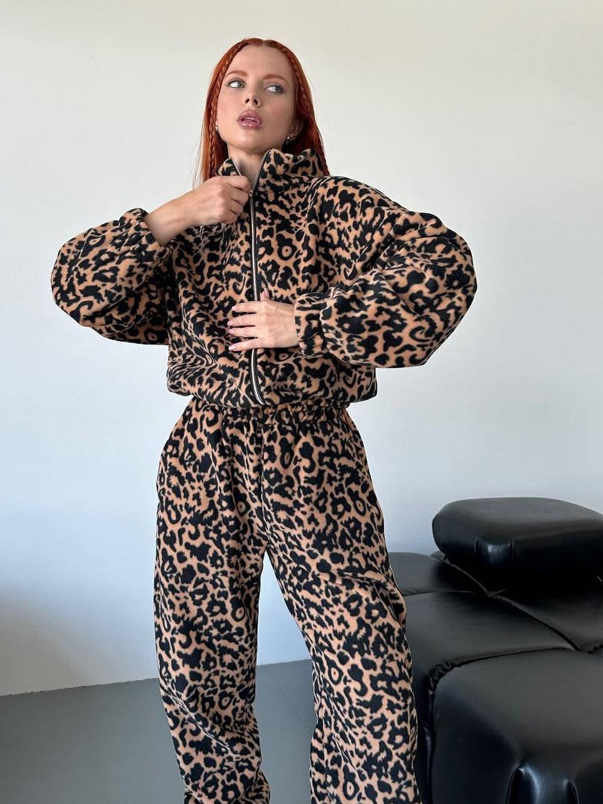 Damenmode Lose Leopard Print Zipper Pullover Anzug