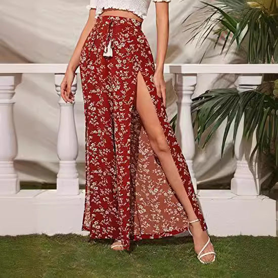 Trendy Leopard Print Casual Tassel Lace-up Waist Leopard Print Wide-leg Pants