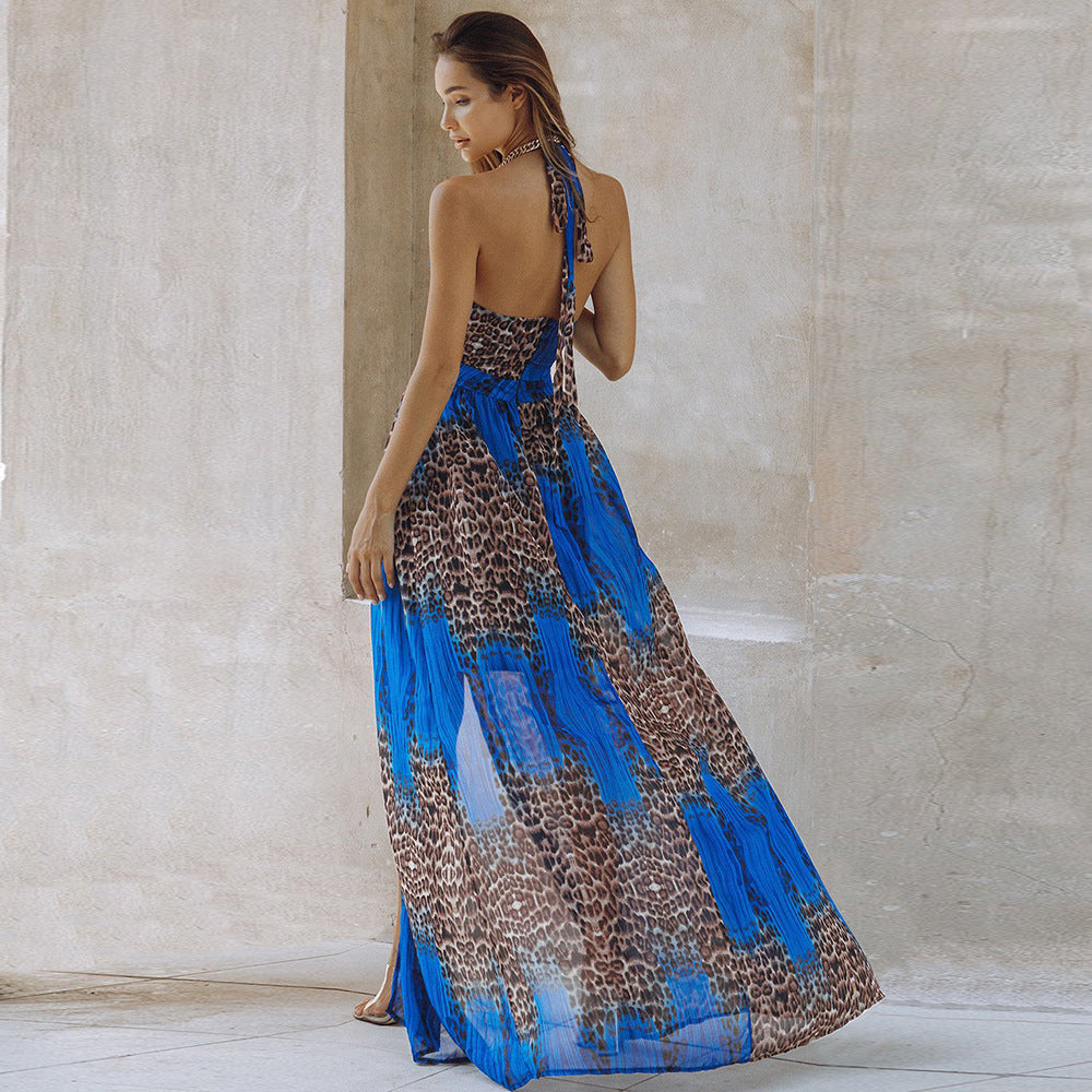 Leopard Print Rückenfreies Kleid Bohemian Frauen