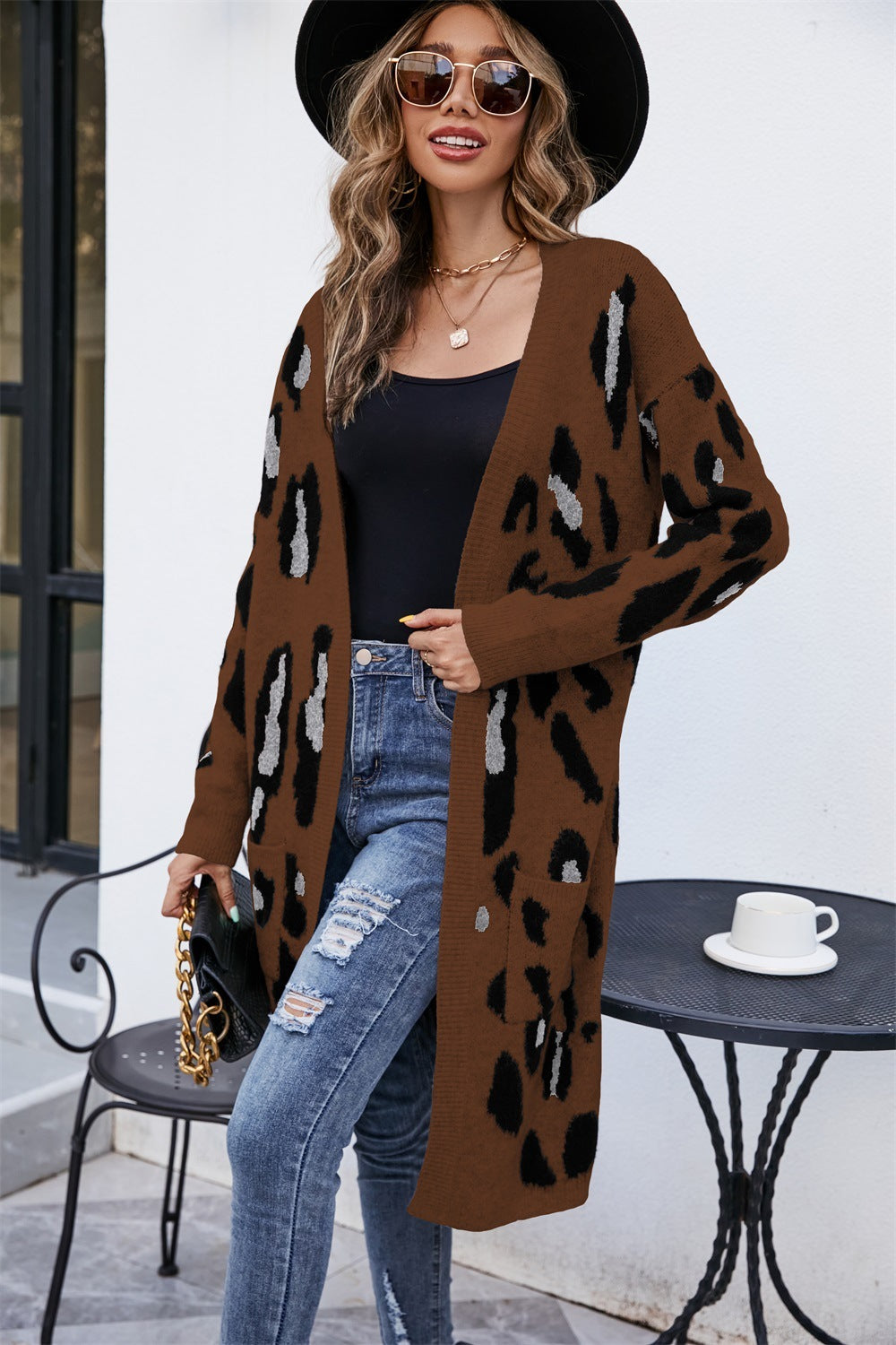 V-neck Leopard Print Knitted Cardigan Sweater Long Coat