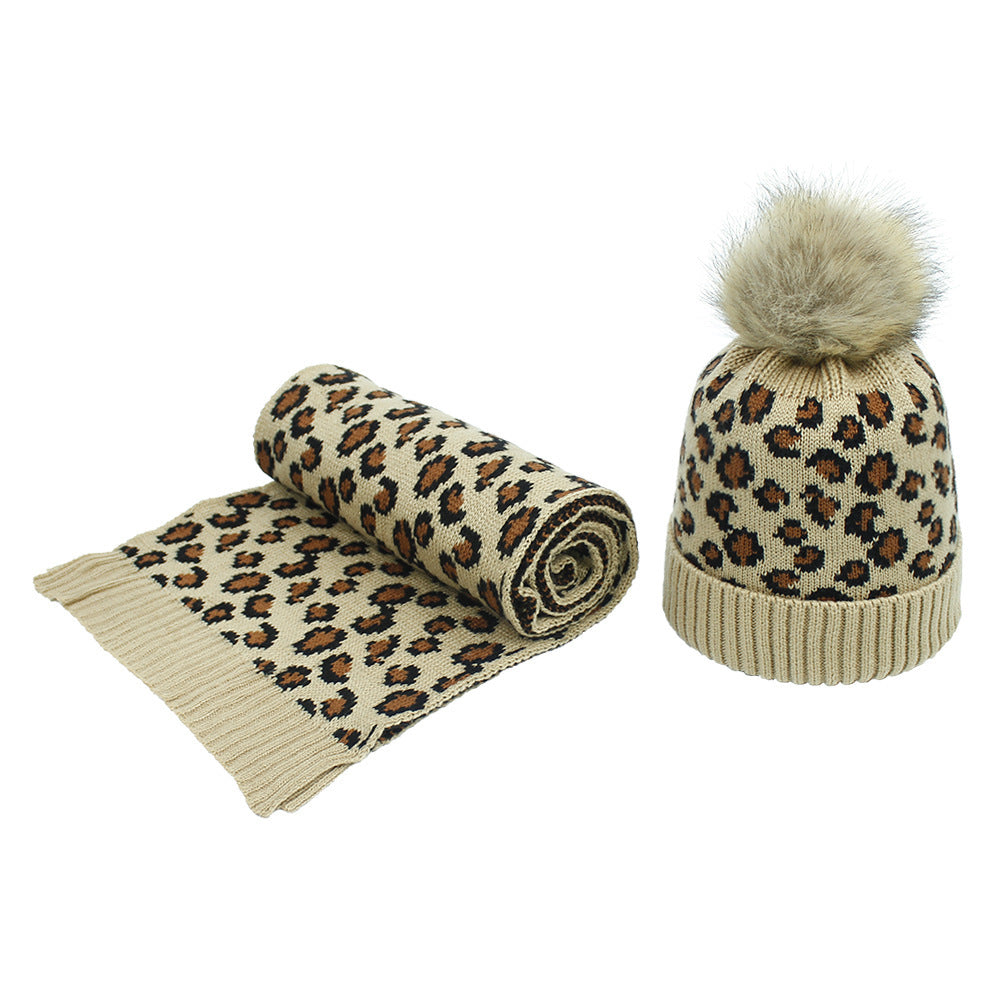 Frauen Herbst und Winter Leopard Print Haar Ball Hut Schal Set