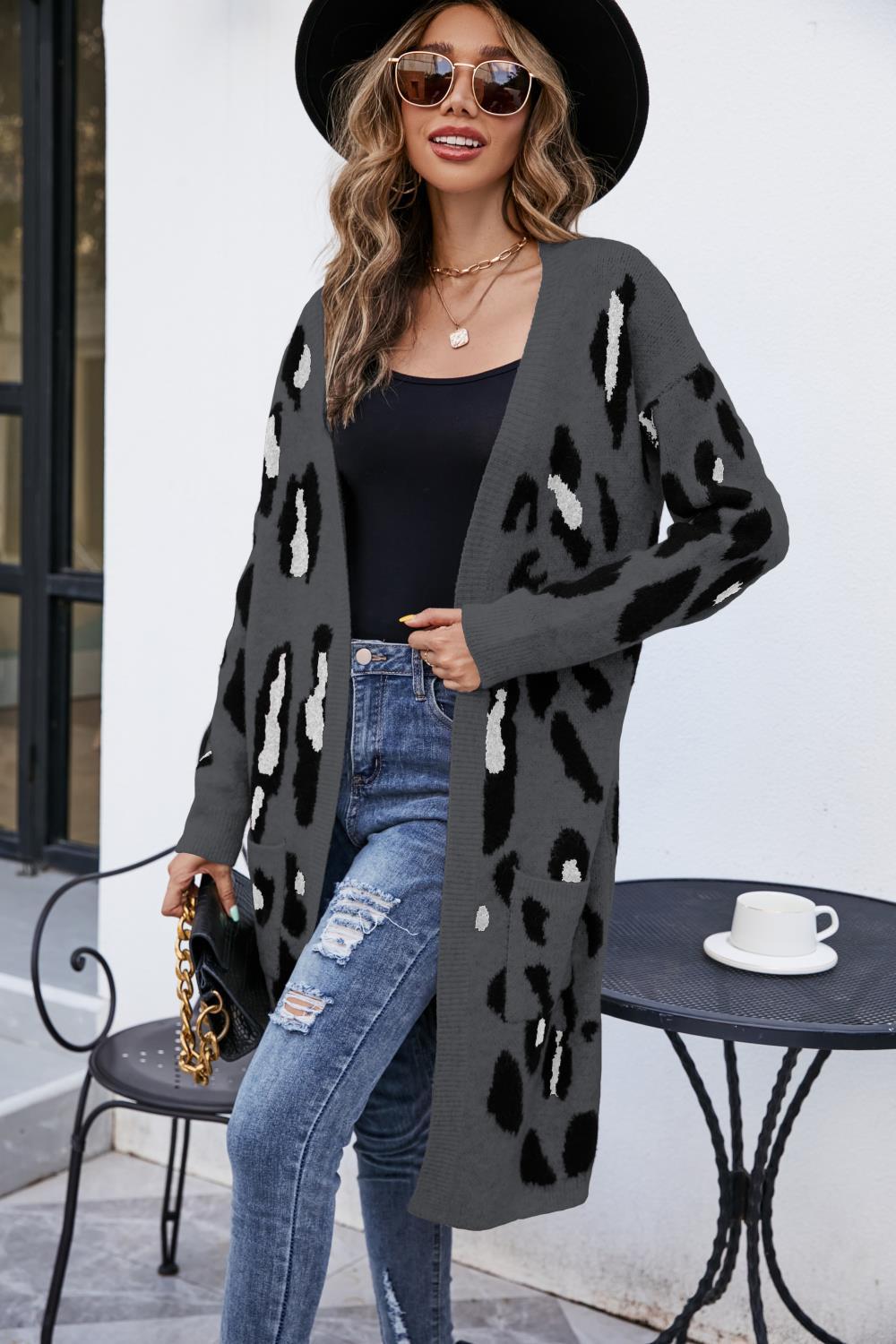 V-neck Leopard Print Knitted Cardigan Sweater Long Coat