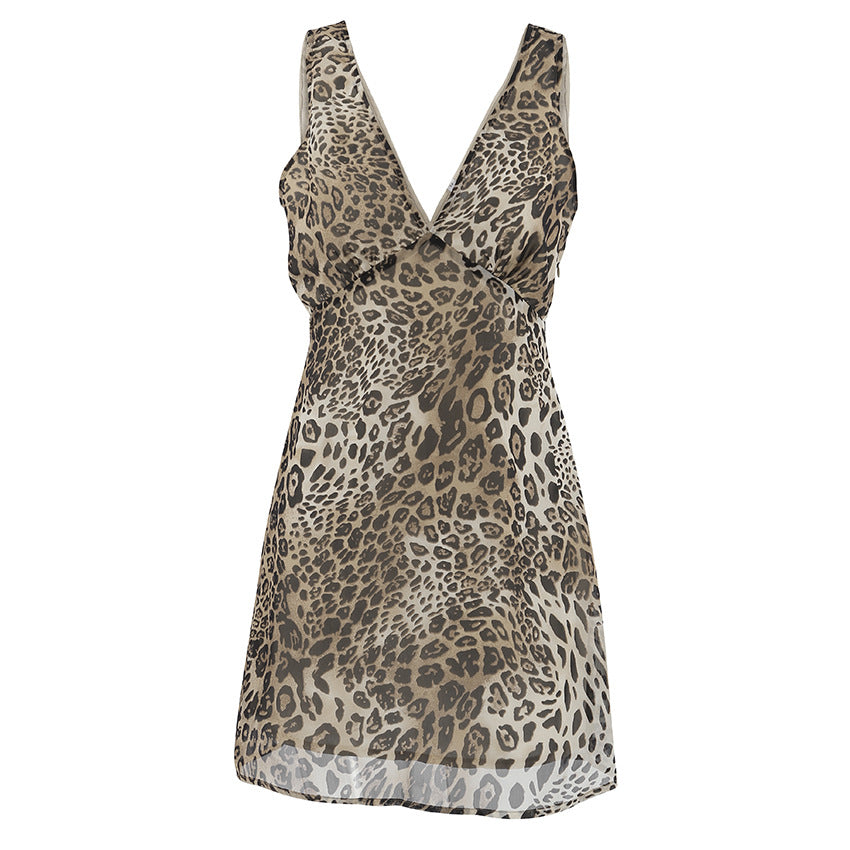 Sleeveless Deep V-neck Chiffon Leopard Print A- Line Dress 2