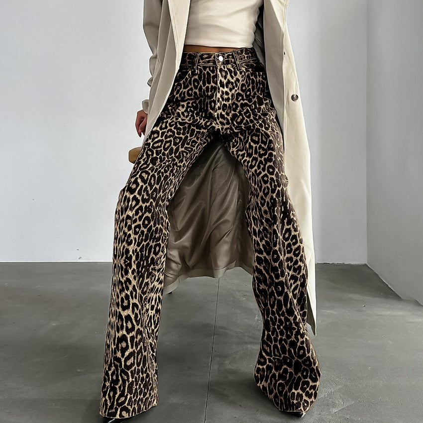 Summer Retro Street Style Loose Low Waist Leopard Print Trousers Versatile Cotton Wide Leg Pants Casual Pants