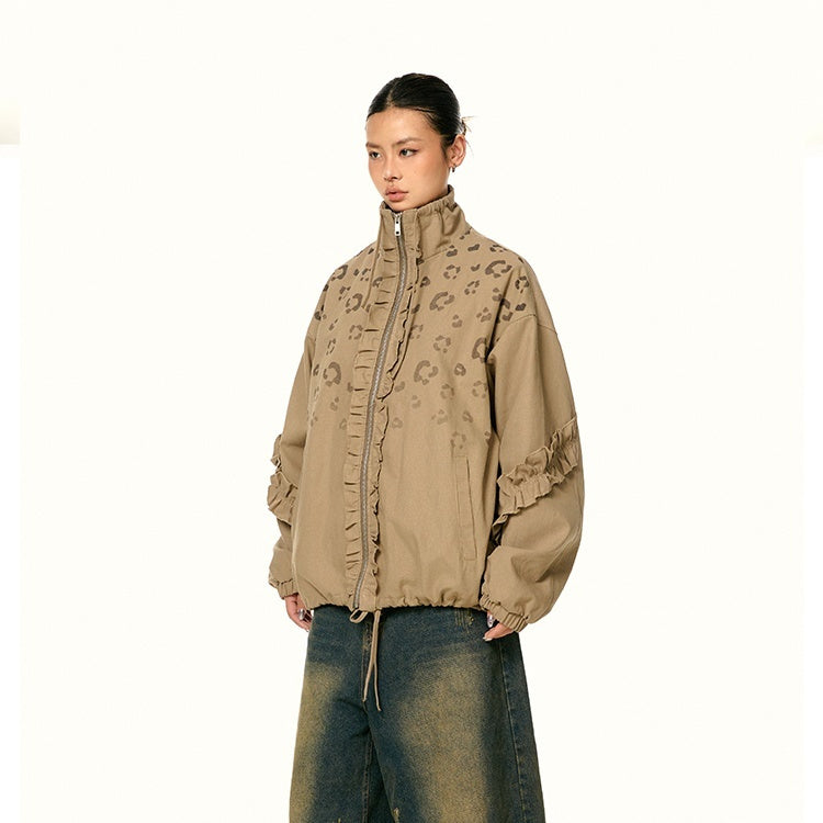 American Retro Stringy Selvedge Stand Collar Leopard Print Coat