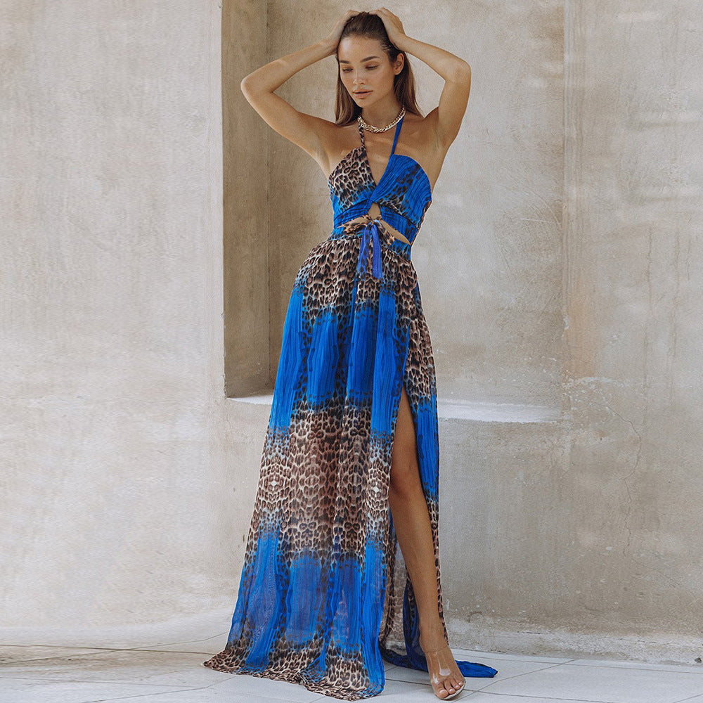 Leopard Print Rückenfreies Kleid Bohemian Frauen