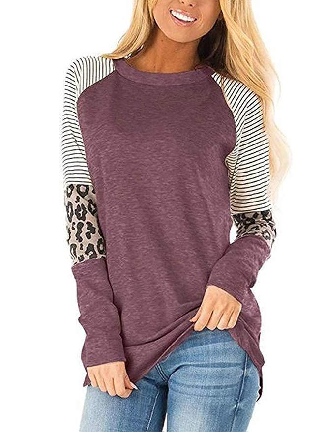 Langärmeliges Paneel Leopard style Lässiges T Shirt Top
