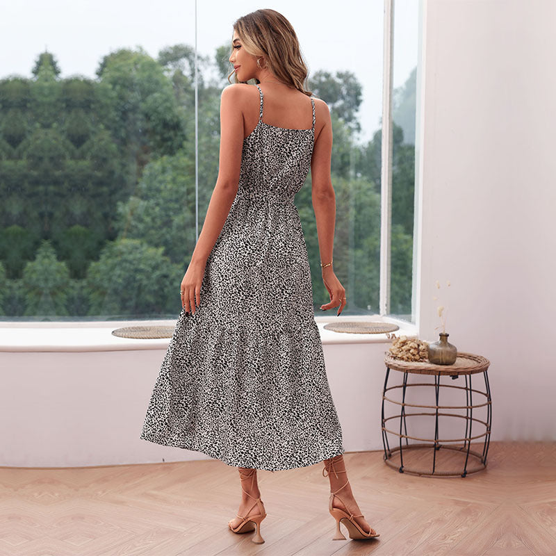 Printed Halter Dress Slim Fitting Lace Up Leopard Print