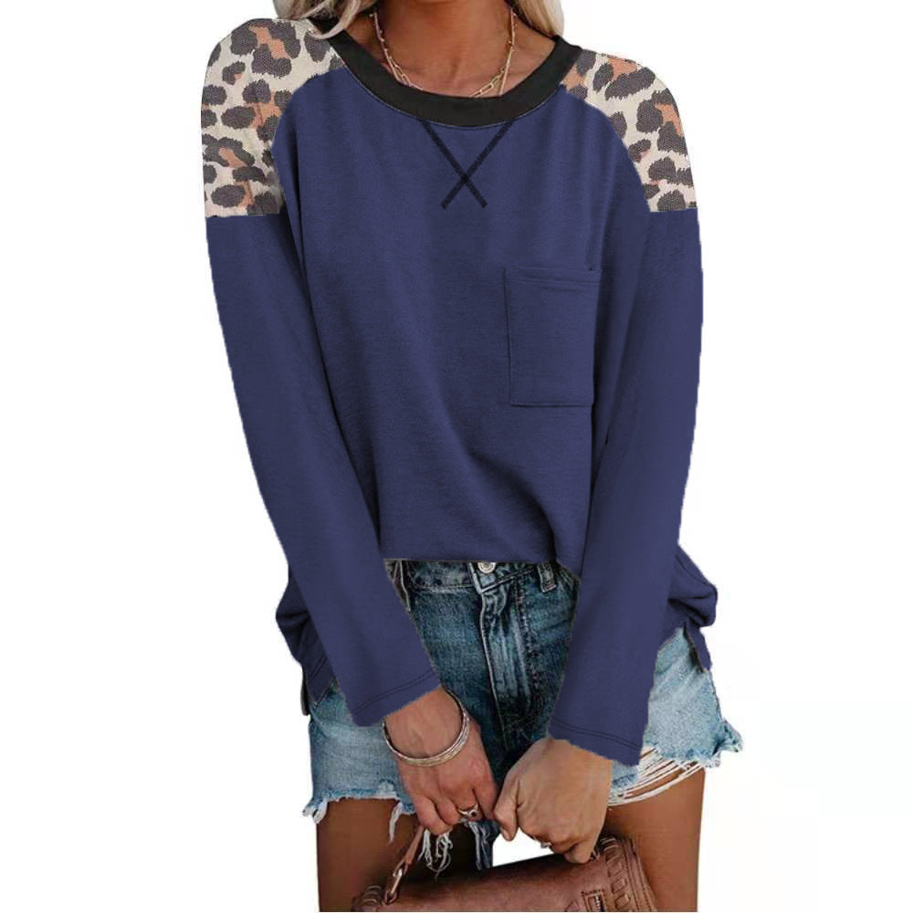 Autumn And Winter New Round Neck Leopard Print Stitching Pocket T-shirt Long Sleeves