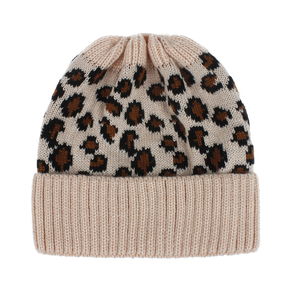Warm und modisch Leopardenmuster im Freien gestrickt Pferdeschwanz Hut