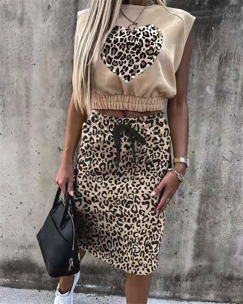Leoparden Druck Ärmelloses Top Kleid Zweiteiliges T-Shirt