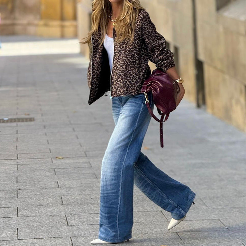 Temperament Long Sleeve Leopard Print Hooded Jacket