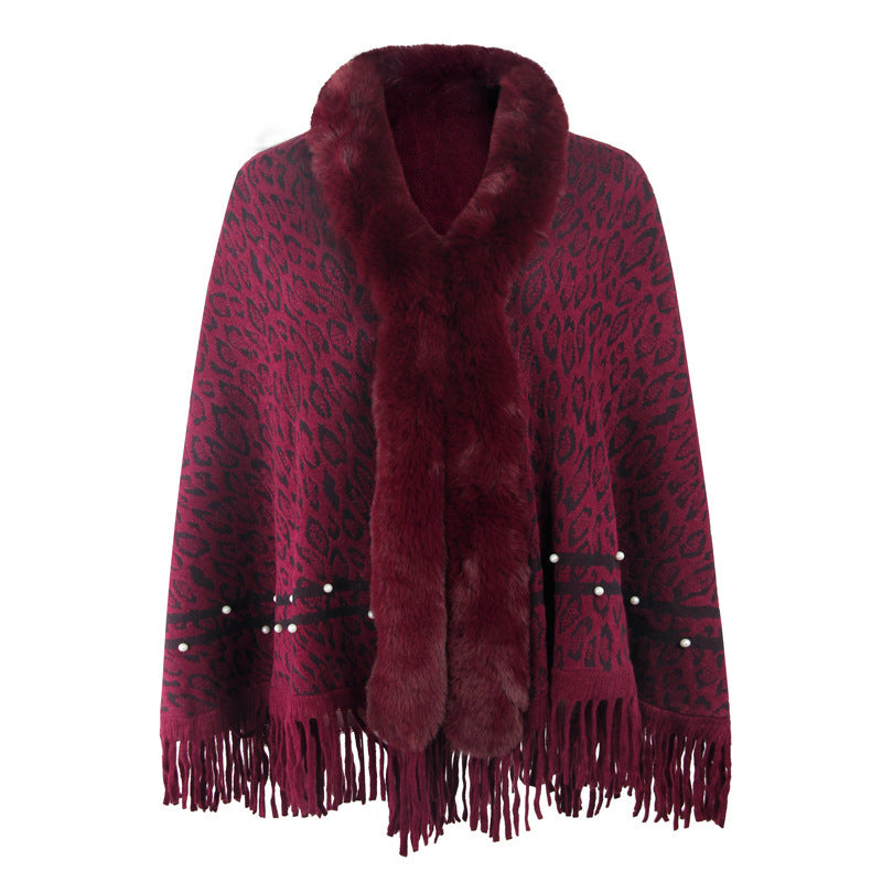 Women's Fringed Warm Leopard Print Fur Collar Coat