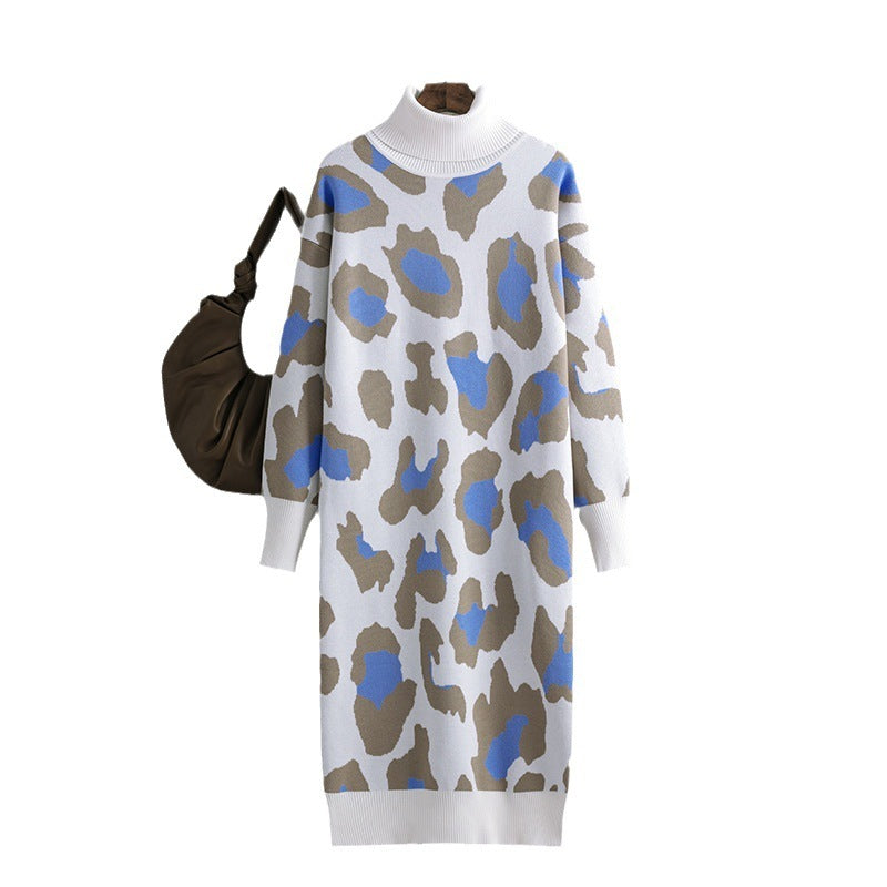 Damen Kleid Modisches Leopardenmuster Rollkragenpullover Gestricktes langes Kleid