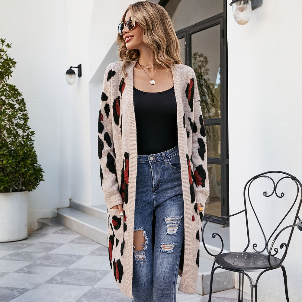 V-neck Leopard Print Knitted Cardigan Sweater Long Coat