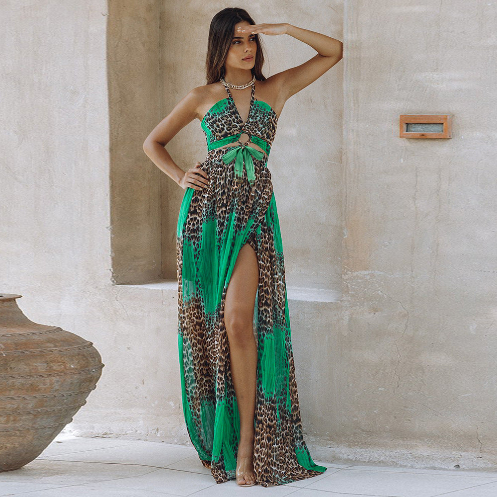 Leopard Print Rückenfreies Kleid Bohemian Frauen