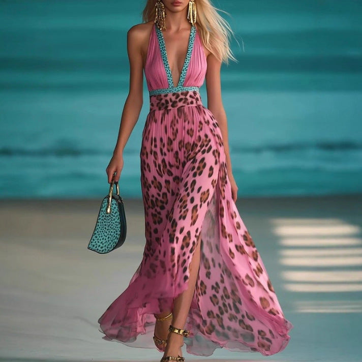 Leopard Print V-neck Waist-controlled Slimming Temperament Camisole Dress for Her