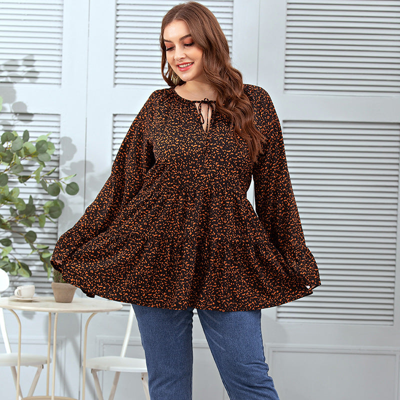 Lockeres Leopardenmuster Braunes Kleid Casual Plus Fat