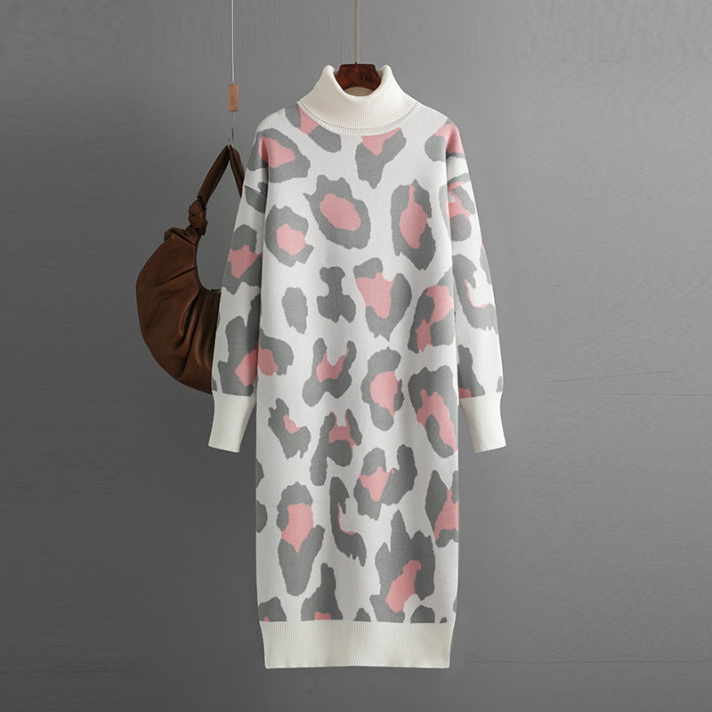 Damen Kleid Modisches Leopardenmuster Rollkragenpullover Gestricktes langes Kleid