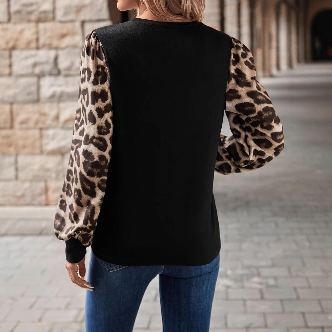 European And American Leopard Print Long Sleeve Round Neck Stitching