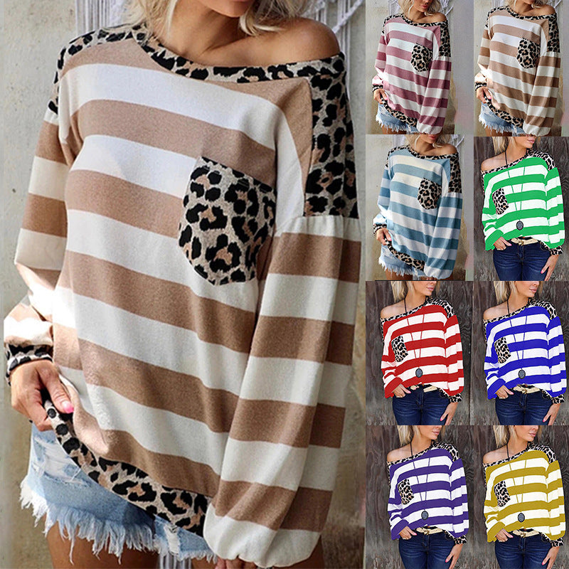Printed Long Sleeve Stitching Leopard Print Pocket Loose Top