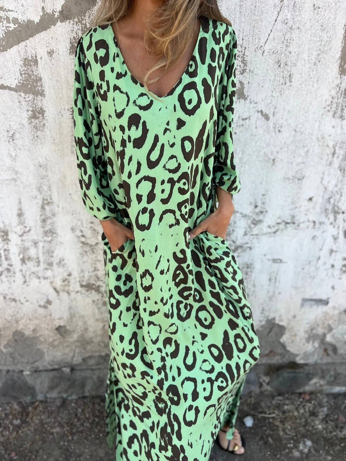 Leopard Print V-neck Printed Long Sleeve Loose Dress Women